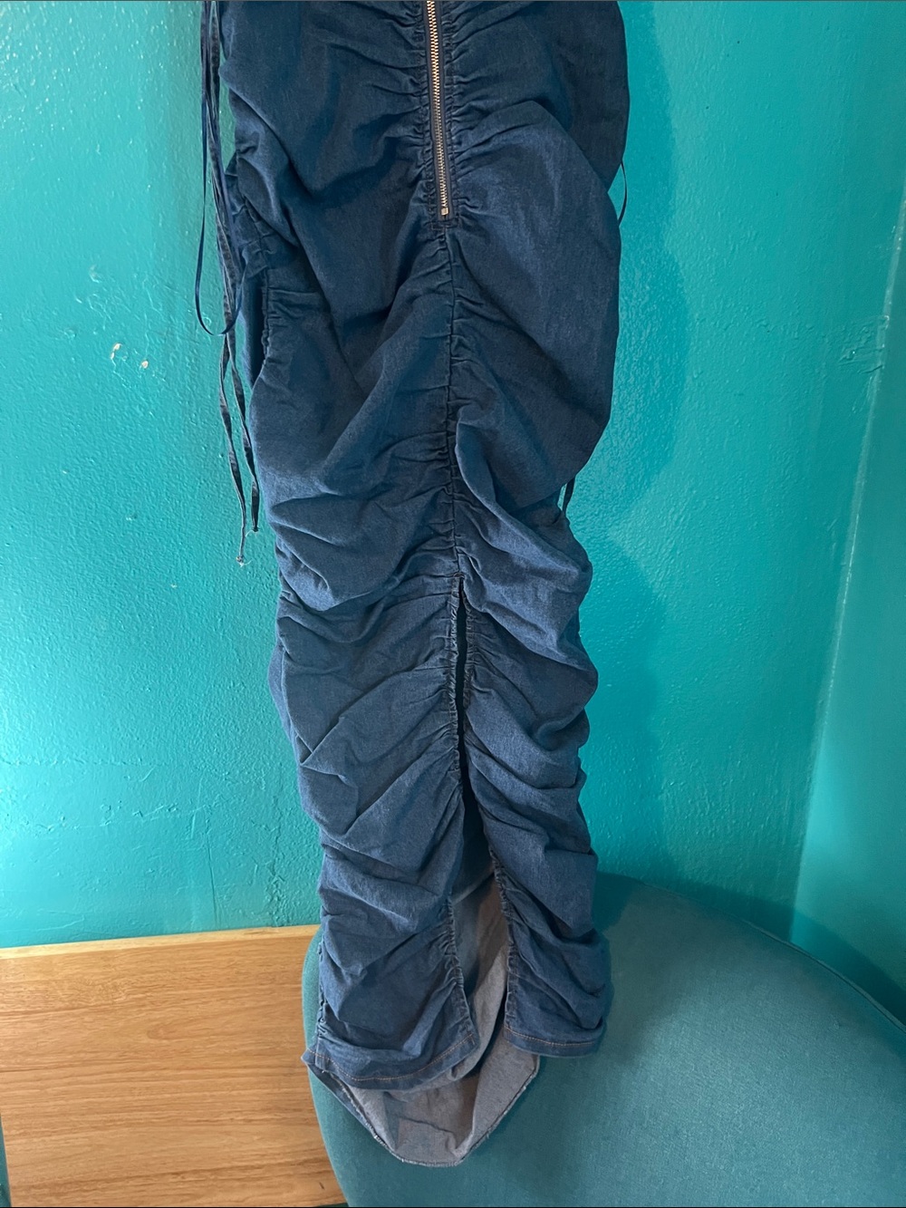 Women’s Large Dark Blue Denim Ruched Dress with Adjustable Straps - Picture 6 of 12